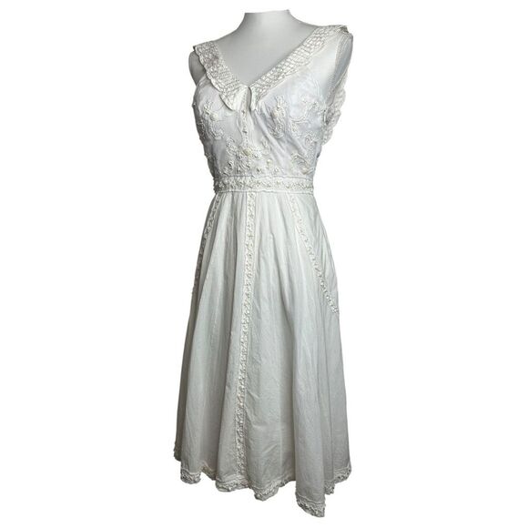 Vintage Sue Wong Dress 4 Ivory Beaded Lace Trim Cottagecore Prairie Midi - Picture 3 of 12